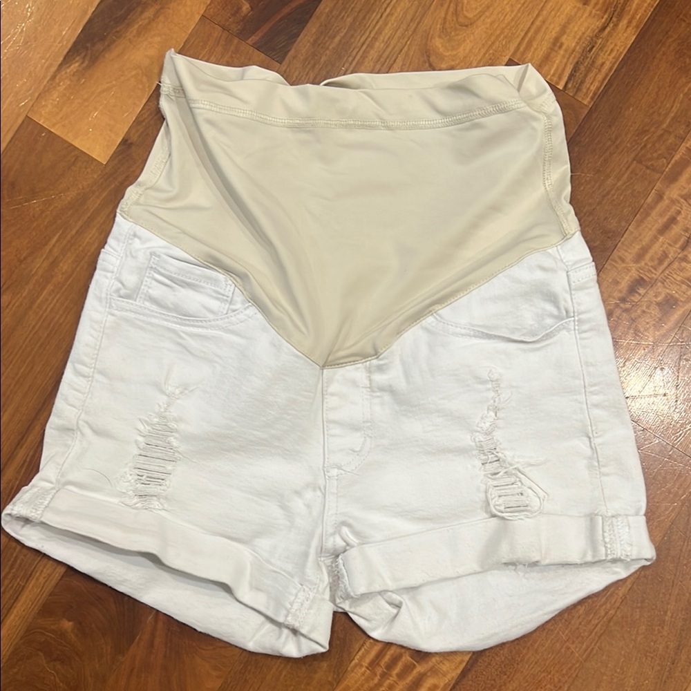 Women's White Maternity Distressed Shorts